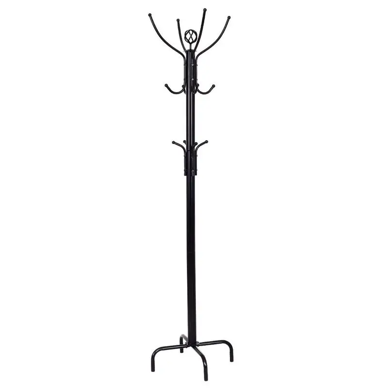 Modern 12 Hook Coat Rack, Free Standing Hall Tree With Sturdy Steel Frame, Round Hooks For Coats Hats Bags, Stable Base For Entryway Bedroom Living Room Office, Black