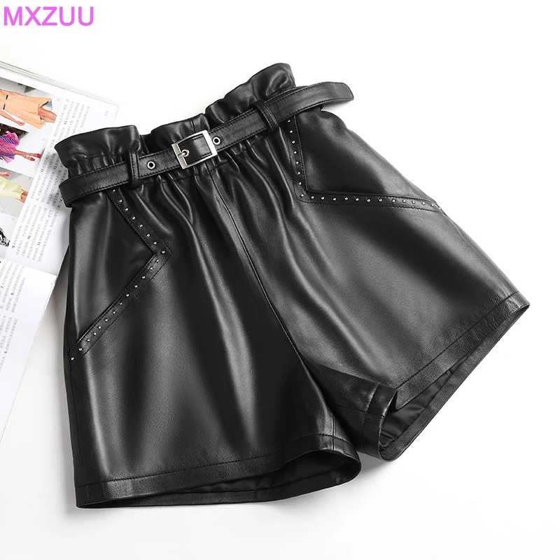 Streetwear Fashion Shorts Feminino Genuine Sheepskin Elastic High Waist Show Thin A-line Wide Leg Pantalon Mujer Elegant Szorty