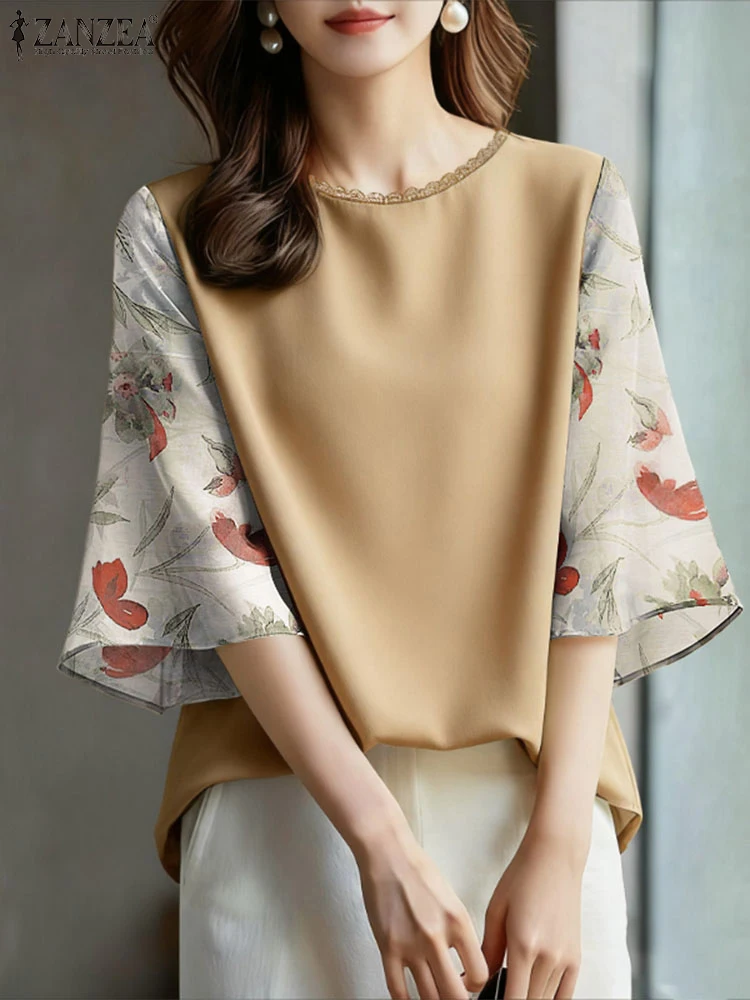 ZANZEA Elegant Women's Floral Printed Chiffon Sleeves Blouses Casual Lace Trim O-Neck 3/4 Sleeve Loose Tops Spring Woman Clothes