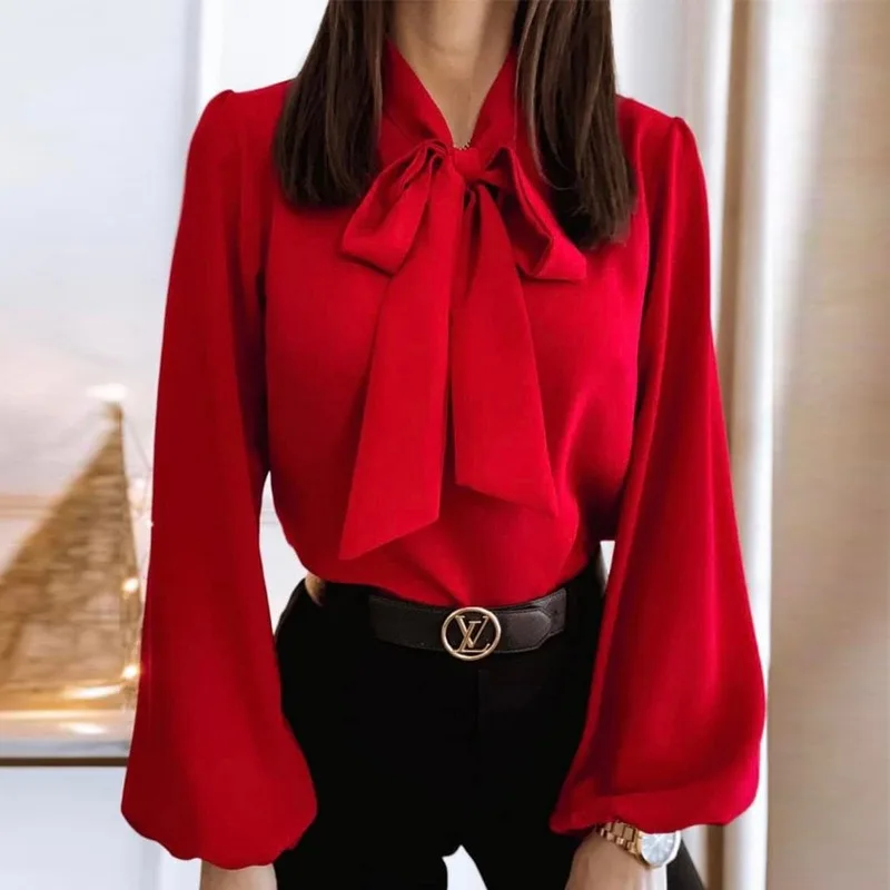 Office Lady Sexy Fashion Long Lantern Sleeve Bow Tie Neck Loose T-shirt Blouse Elegant Women Shirt Top Y2K INS Clothes