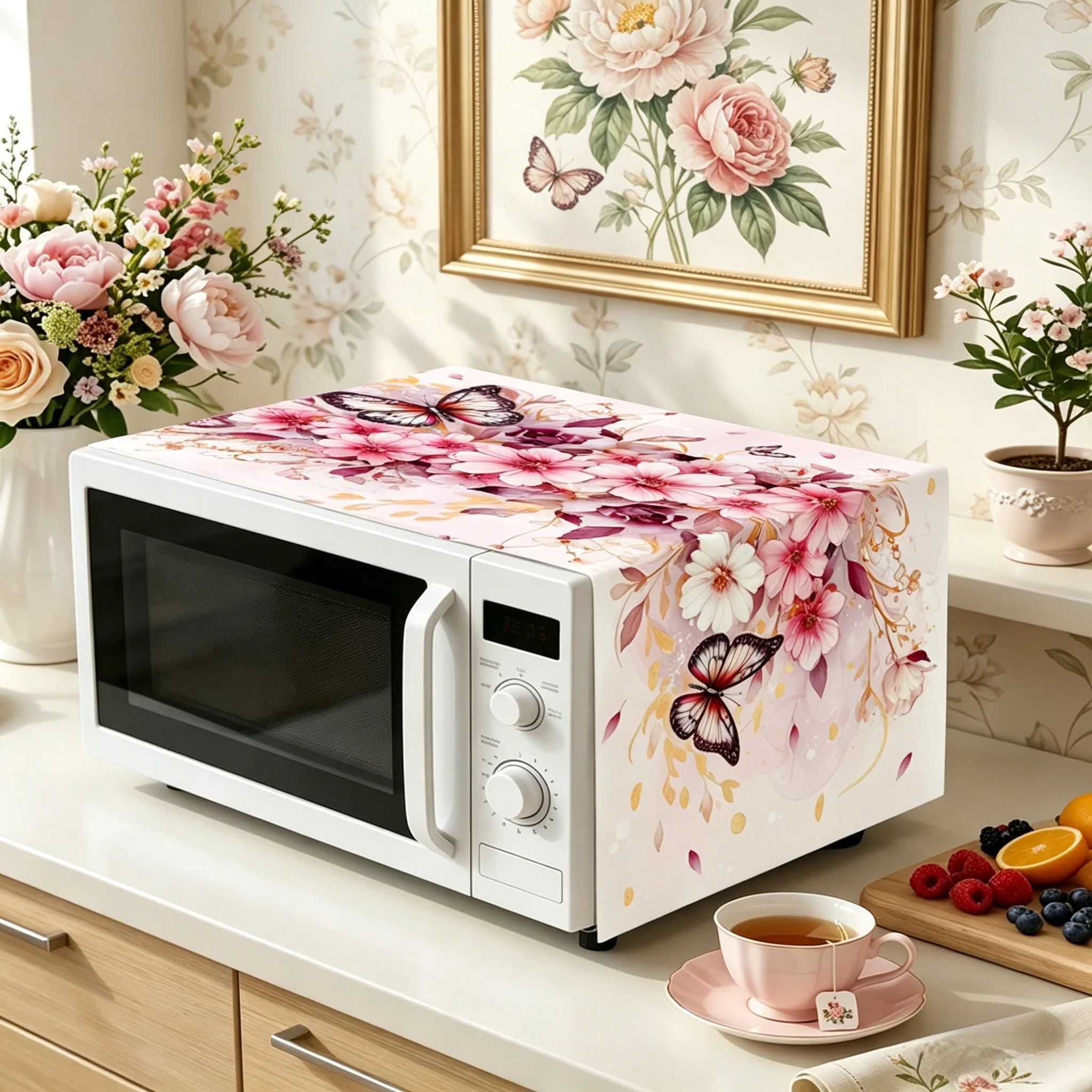 Microwave Oven Dust Cover Floral Print Waterproof Oilproof Dustproof Protective Cover for Kitchen Home Appliance Decor