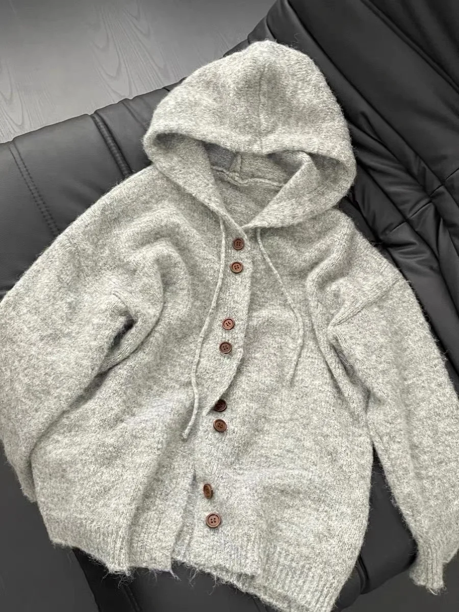 سترة كارديجان نسائية كبيرة الحجم بغطاء للرأس، مفتوحة من الأمام، للخريف والشتاء، بأسلوب كوري كسول، محبوكة، طويلة