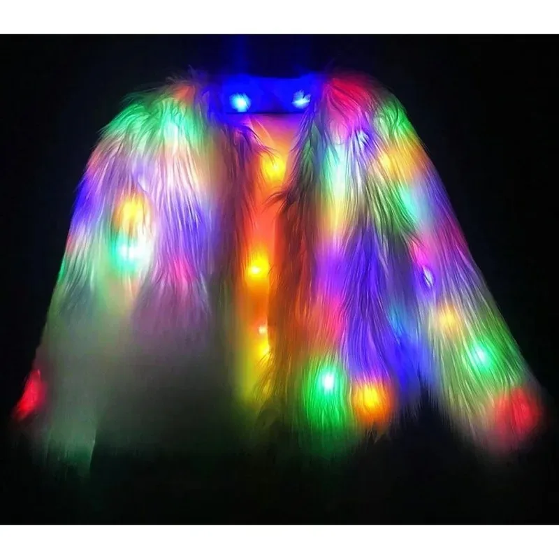 LED Glowing Faux Fur Plush Coat Colorful Stage Costume Festival Party Nightclub Bar Rave Show Performance Fashion Outerwear New