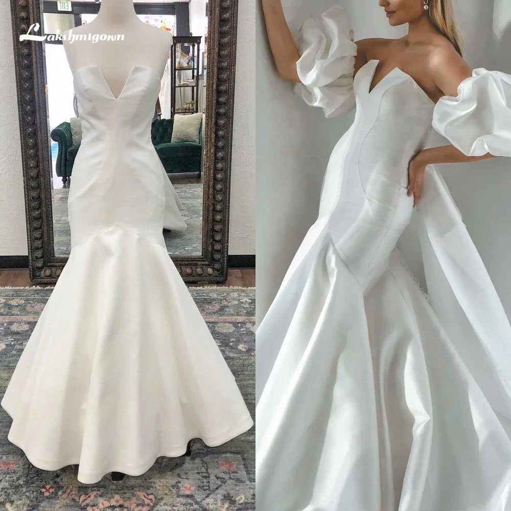 Sexy Deep V Neck Sleeveless Back Button Pleat Satin Mermaid Wedding Dress For Women Boho Bridal Gown Sweep Vestido De Novia Robe