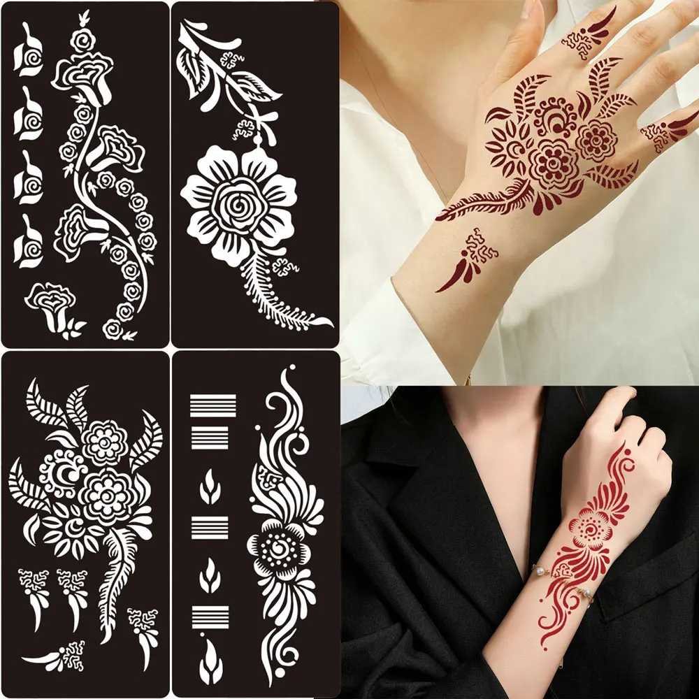 4pcs Henna Tattoo Template Reusable Henna Tattoo Stencil for Hand Foot And Body Painting Temporary Tattoo Template