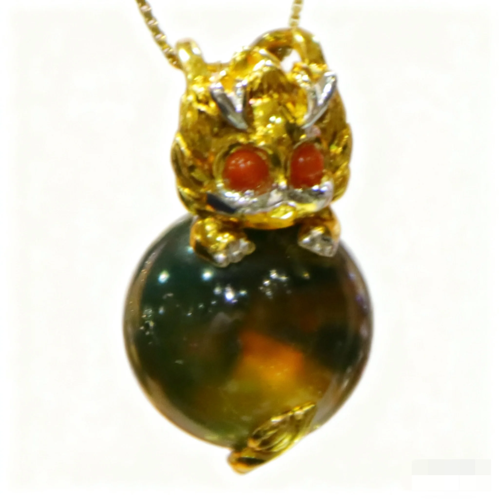 Natural Mexican Blue Amber Pendant with Pure Silver Pi Xiu 12mm Round Bead Animal Necklace for Women Gift