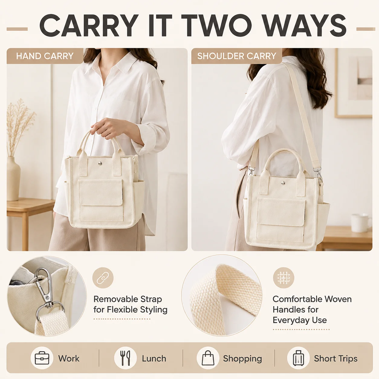 Canvas Tote Bag Women Multi Pocket Large Capacity Lunch Box Handbag Shoulder Crossbody Carry for Office School Travel Daily Life