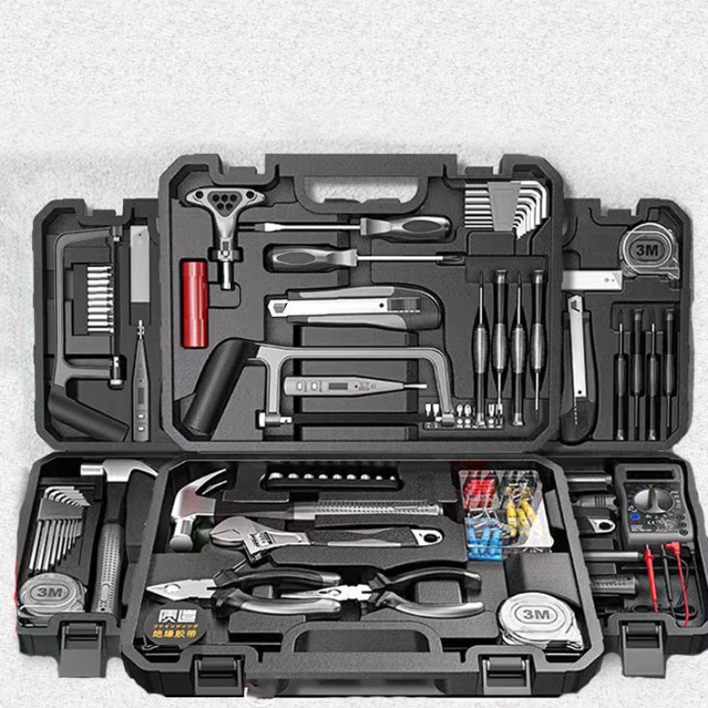   Zestaw narzędzi Finemading Toolbox, przenośny, wielofunkcyjny, do użytku domowego, z pudełkiem do przechowywania, zawierający szczypce, klucz płaski, śrubokręt, młotek i inne narzędzia.