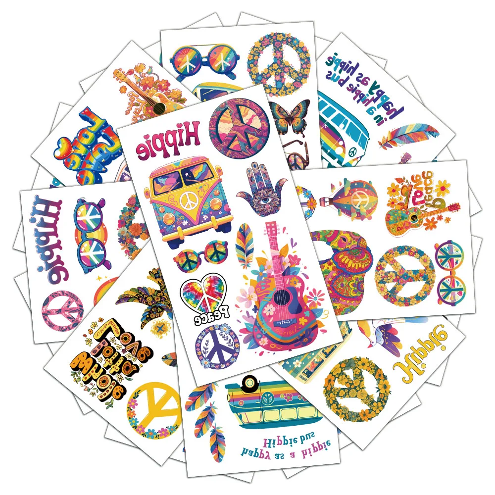 สติกเกอร์รอยสักฮิปปี้สร้างสรรค์ใหม่10ชิ้นการตกแต่ง DIY ฤดูร้อนสติกเกอร์รอยสักส่วนบุคคล