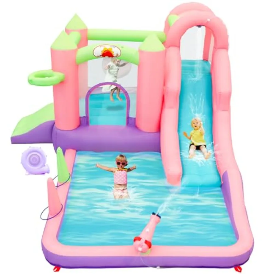 

Inflatable Water Slide and Water Park with Blower 9 in 1 Bounce House Bouncy Castle for Aged 3-6 Splashing Pool Basketball Hoop