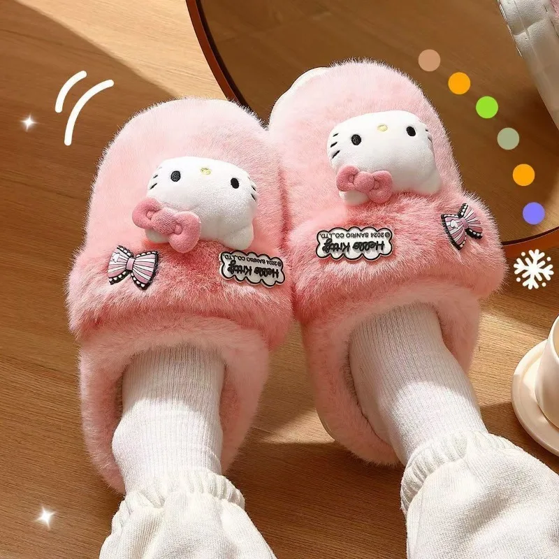 

Sanrio New Kawaii Hello Kitty Plush Slippers Anime Cinnamoroll Accessories Soft and Warm Dual purpose Women's Home Cotton Shoes