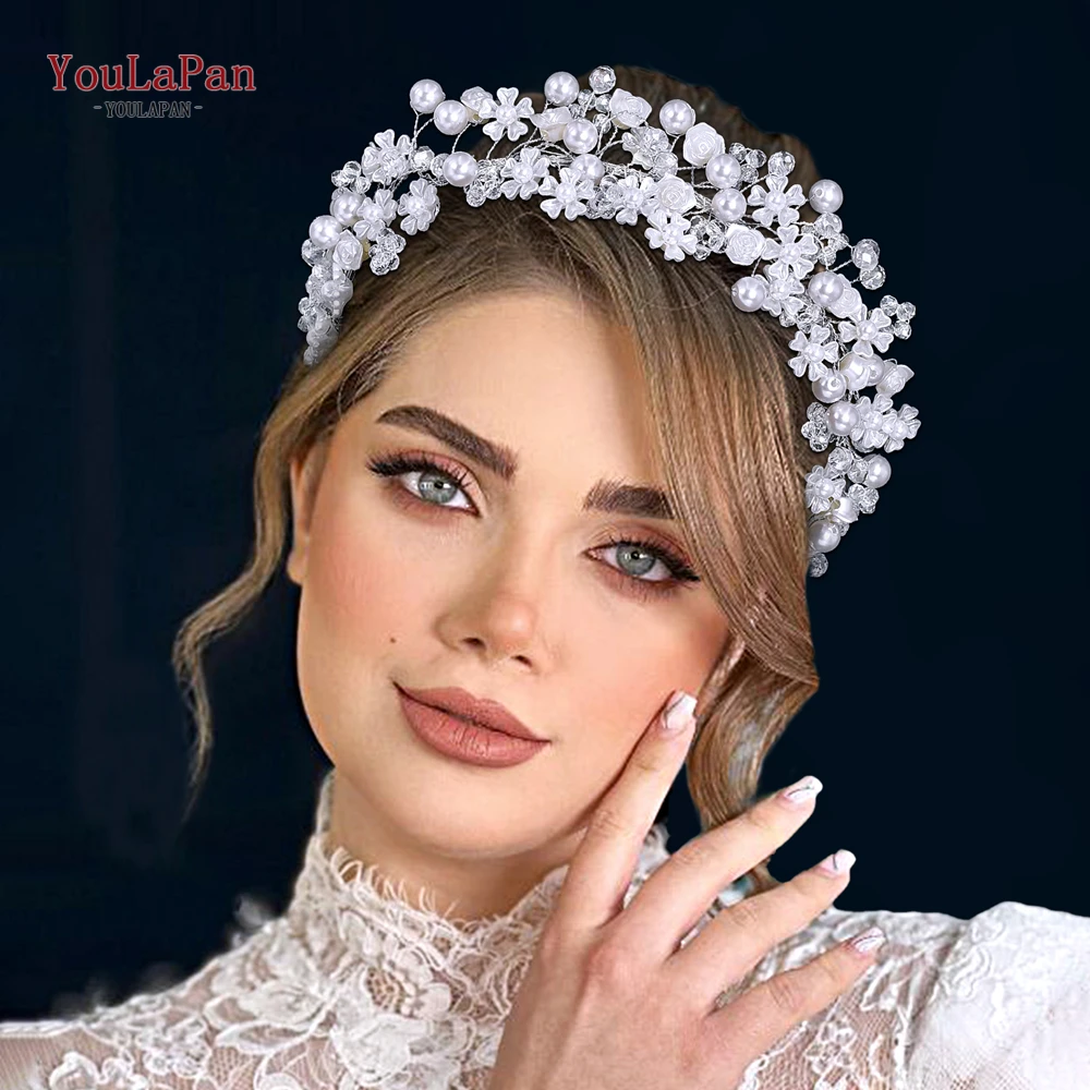 

YouLaPan Trendy Wedding Flower Head Hoop Hair Accessories for Women Bridal Pearls Headband Handmade Headwear Tiara HP841