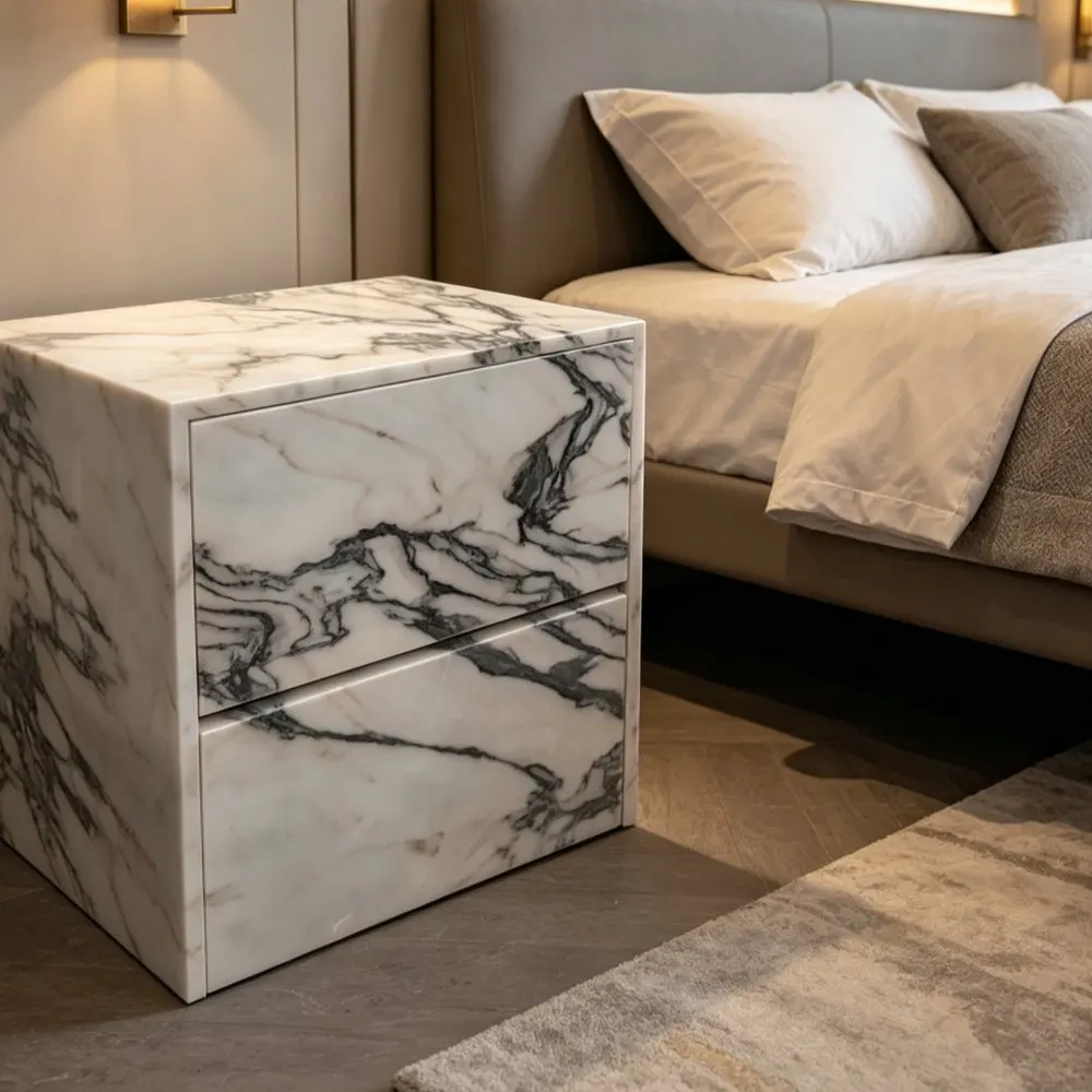Natural Marble Calacatta Viola Nightstand Freestanding Bedside Table Modern Bedroom Storage Furniture For Villa Hotel