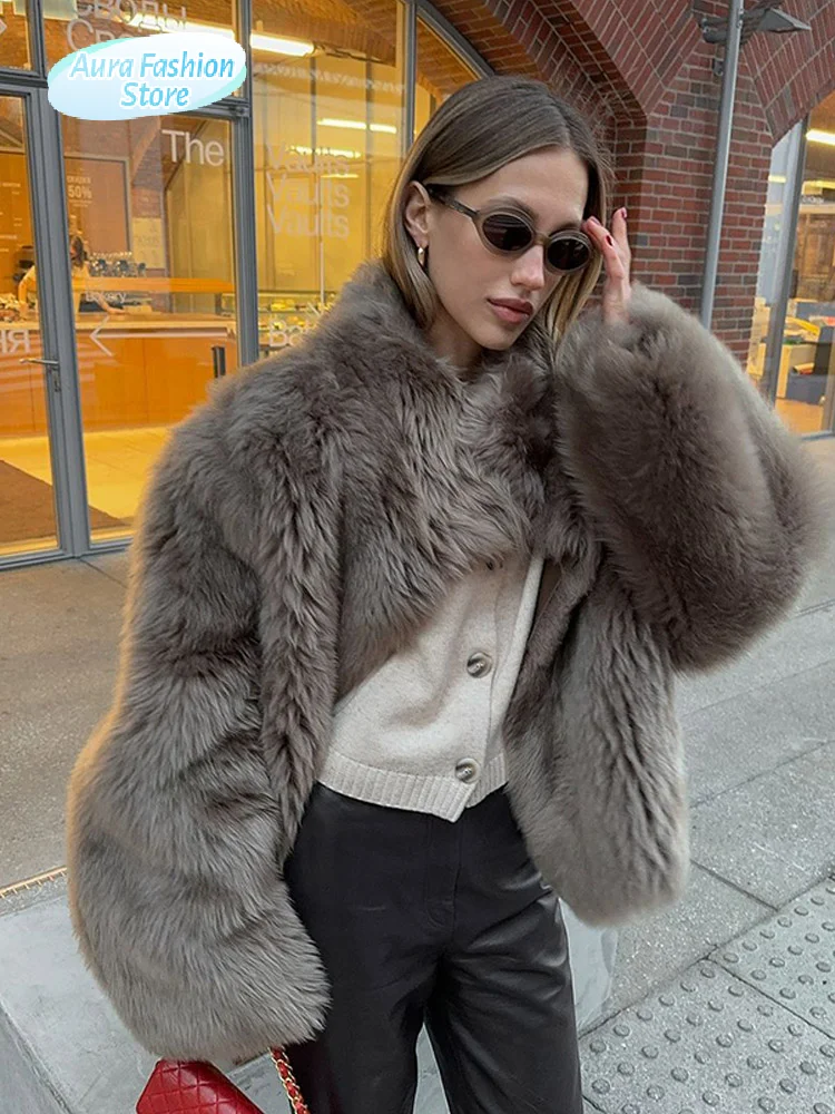 

Women Luxury Grey Faux Fur Coat Fashion Lapel Long Sleeve Fluffy Loose Cardigan Jacket Winter Lady Thicken Warm Street Outwear