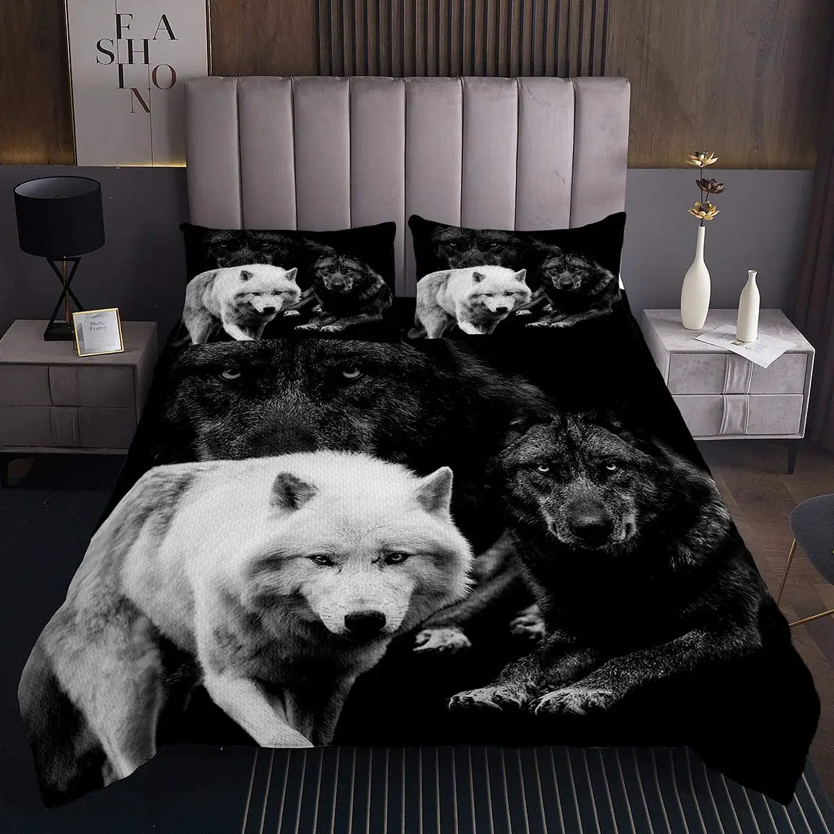 

Wolf Printed Bedding Set Twin Size for Kids Boys Bedroom,Misty Bed Duvet Cover Set, Comforter Cover Wild Animals Decor 3 Pieces