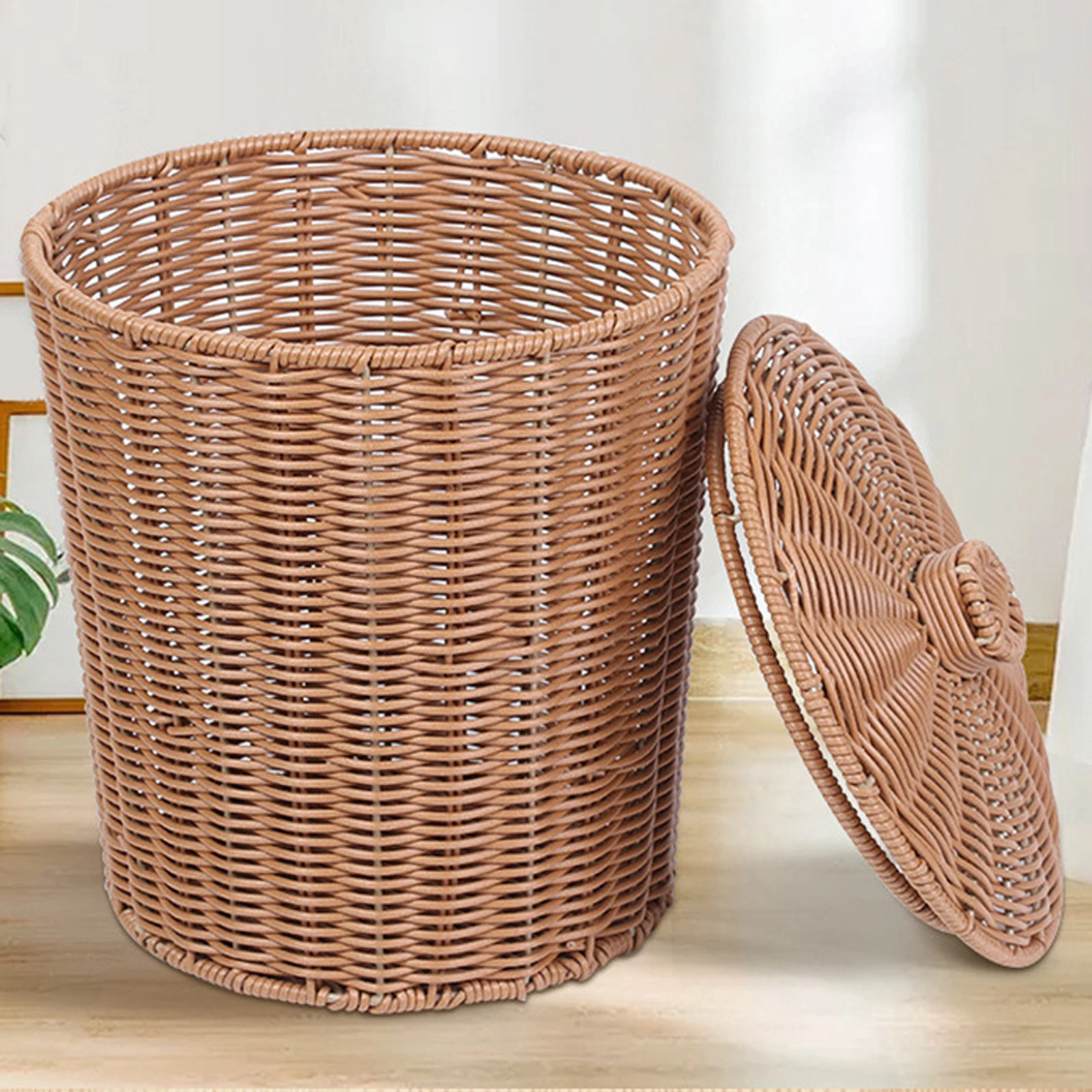 Wicker Trash Basket Food Serving W/ Lid Handwoven Round Storage Baskets Bin for Living Room Bathroom Home Decoration Toys Snack