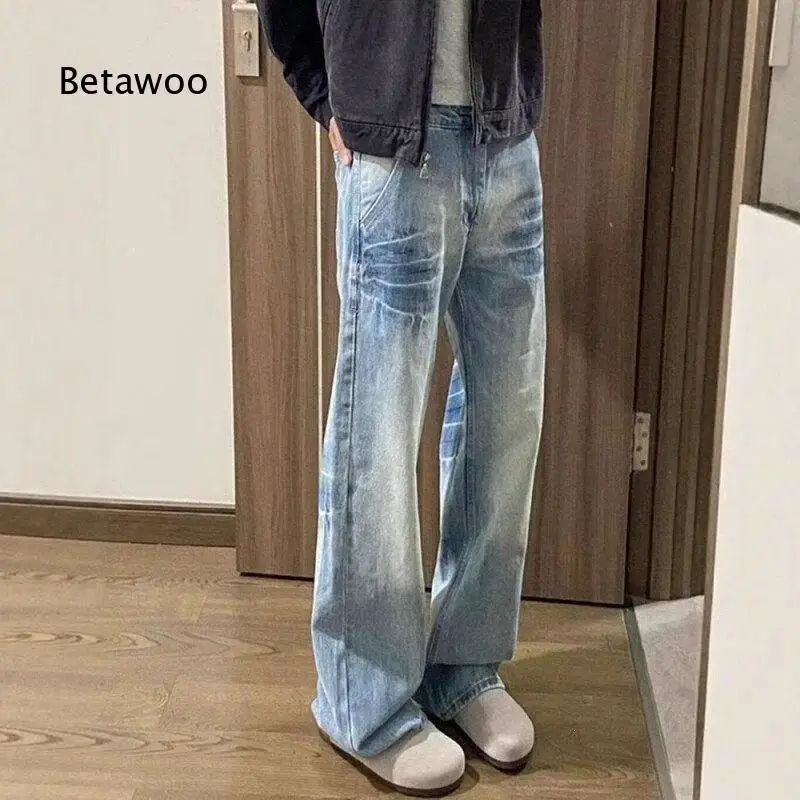 Mens American High Street Vibe Washed Blue Denim Jeans Straight Curved Cut Micro Flare Long Pants Cleanfit Style Trousers For S
