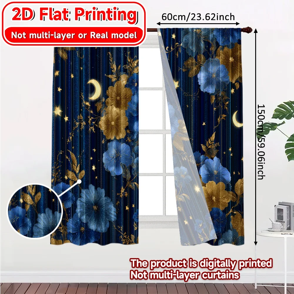 2D Flat Printing,2pcs Blue Crescent Dreams Light Filtering Popular Curtains 100% Polyester Curtains Gifts Ldeal for Bedroom,