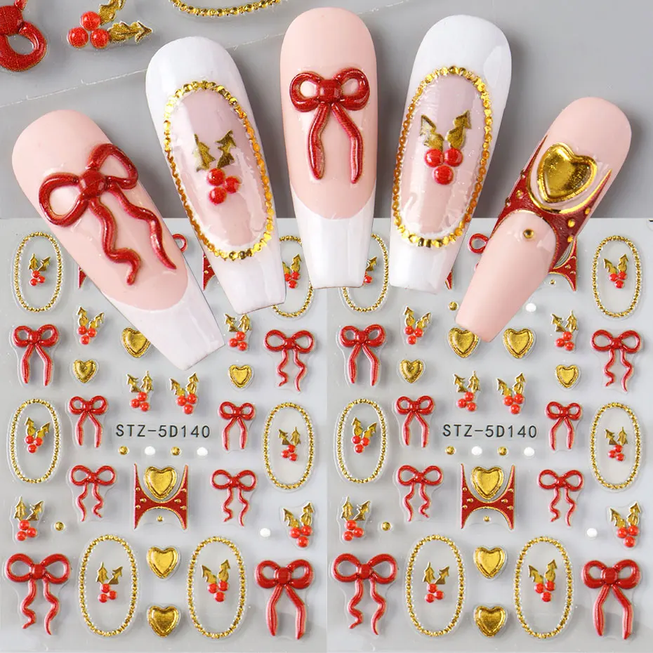 1/2 قطعة 5D لطيف تنقش Bowknot القلب المنزلق لمسمار Kawaii هولي ليف الذهبي الحب تصميم ملصق الفرنسية مانيكير اكسسوارات