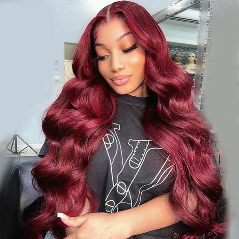 Burgundy 99J 13x6 Body Wave Lace Front Human Hair Wig 13×4 HD Transparent Lace Frontal Wigs Brazilian Red Colored  Wig for Women