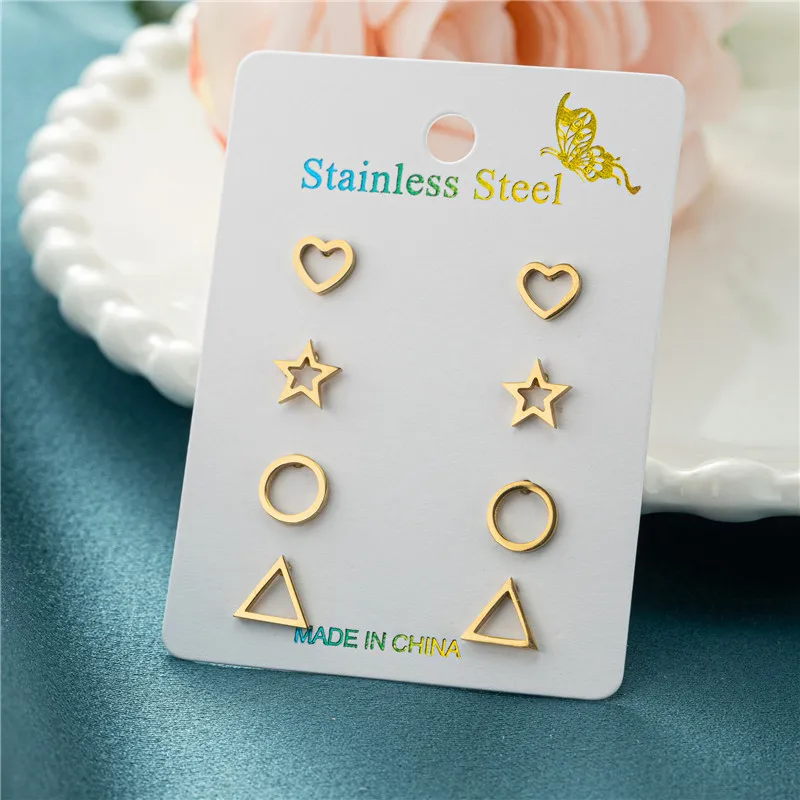 4 Paare/los Gold Farbe Geometrische Ohrringe Stud für Frauen Mode Einfache Herz Dreieck Runde Stern Ohrringe Set Partei Schmuck Geschenk