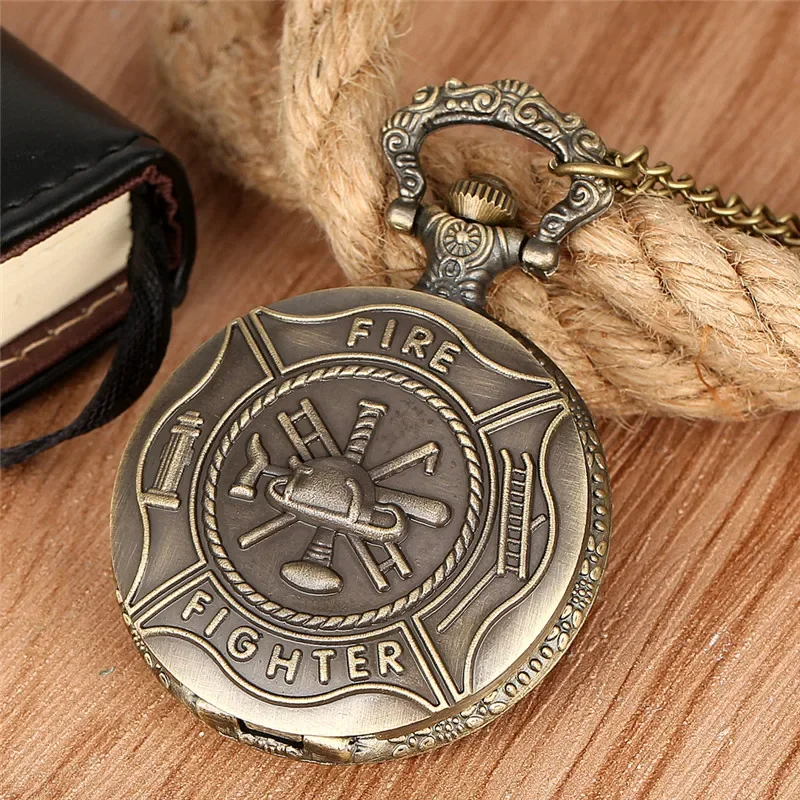 Vintage Fire Fighter Pocket Watch Men's Retro Analog Quartz Watches Full Hunter Design Necklace Chain Gift Reloj de bolsillo