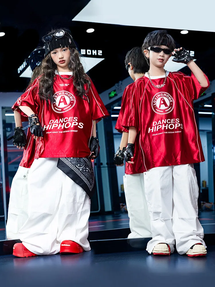 

Kid Kpop Hip Hop Clothing Red Letters Jersey T Shirt White Casual Parachute Cargo Pants for Girl Boy Jazz Dance Costumes Clothes
