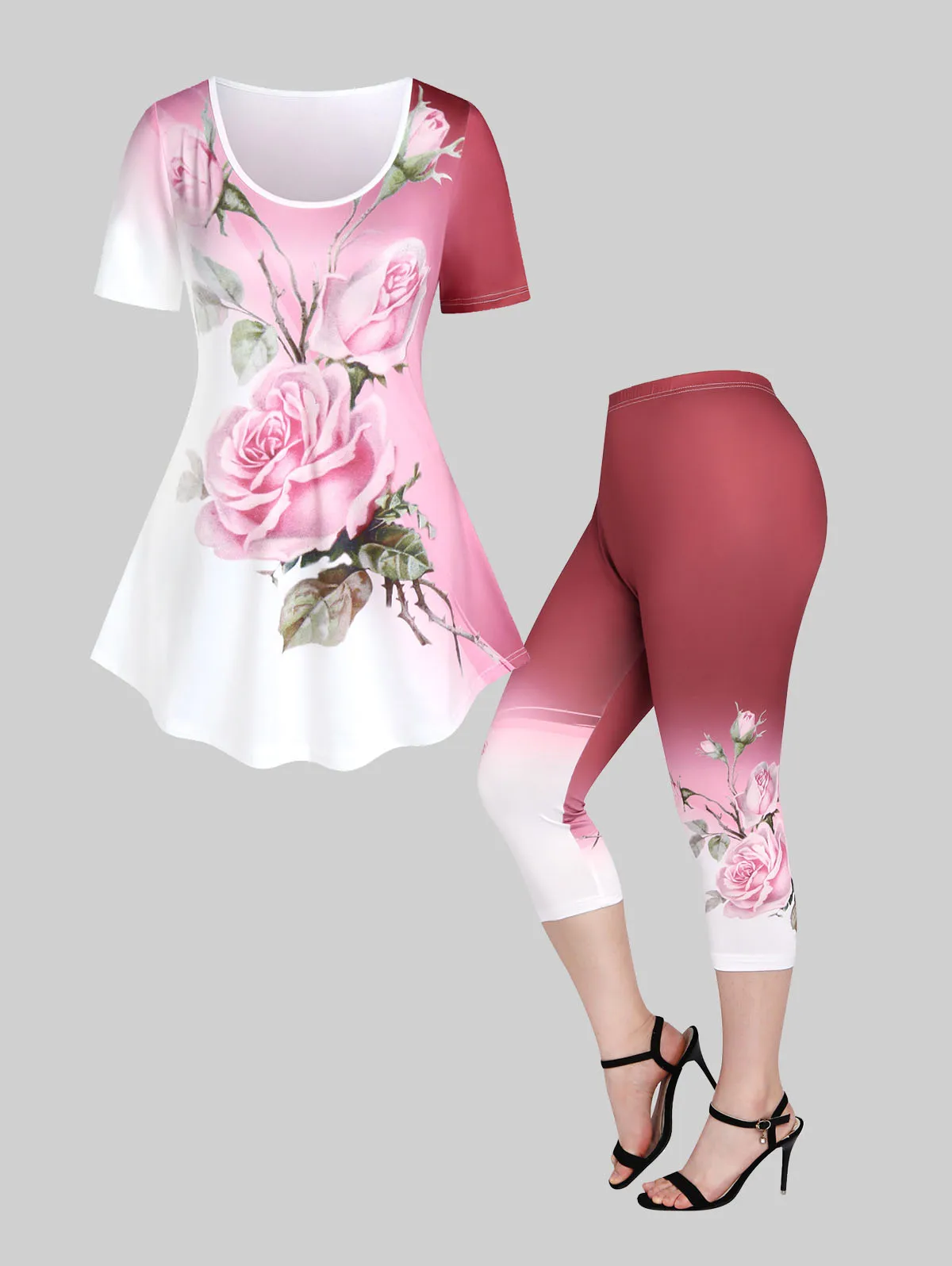 ROSEGAL Plus Size 3D Printed Outfit Female Colorblock Suit Floral Graphic Tee And Capri Leggings Size Is Too Large Matching Set