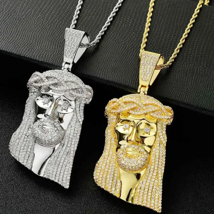 

Hip Hop Women Boy Bling Full Micro Cubic Zirconia Pave Jesus Head Pendants Necklaces Punk Christ Rope Chain Men Trendy Jewelry