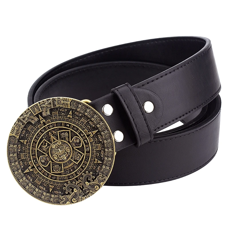 Maya Rune Aztec Solar Calendar Copper Buckle Round Fashion Belt Men Women Jeans Waistband PU Leather