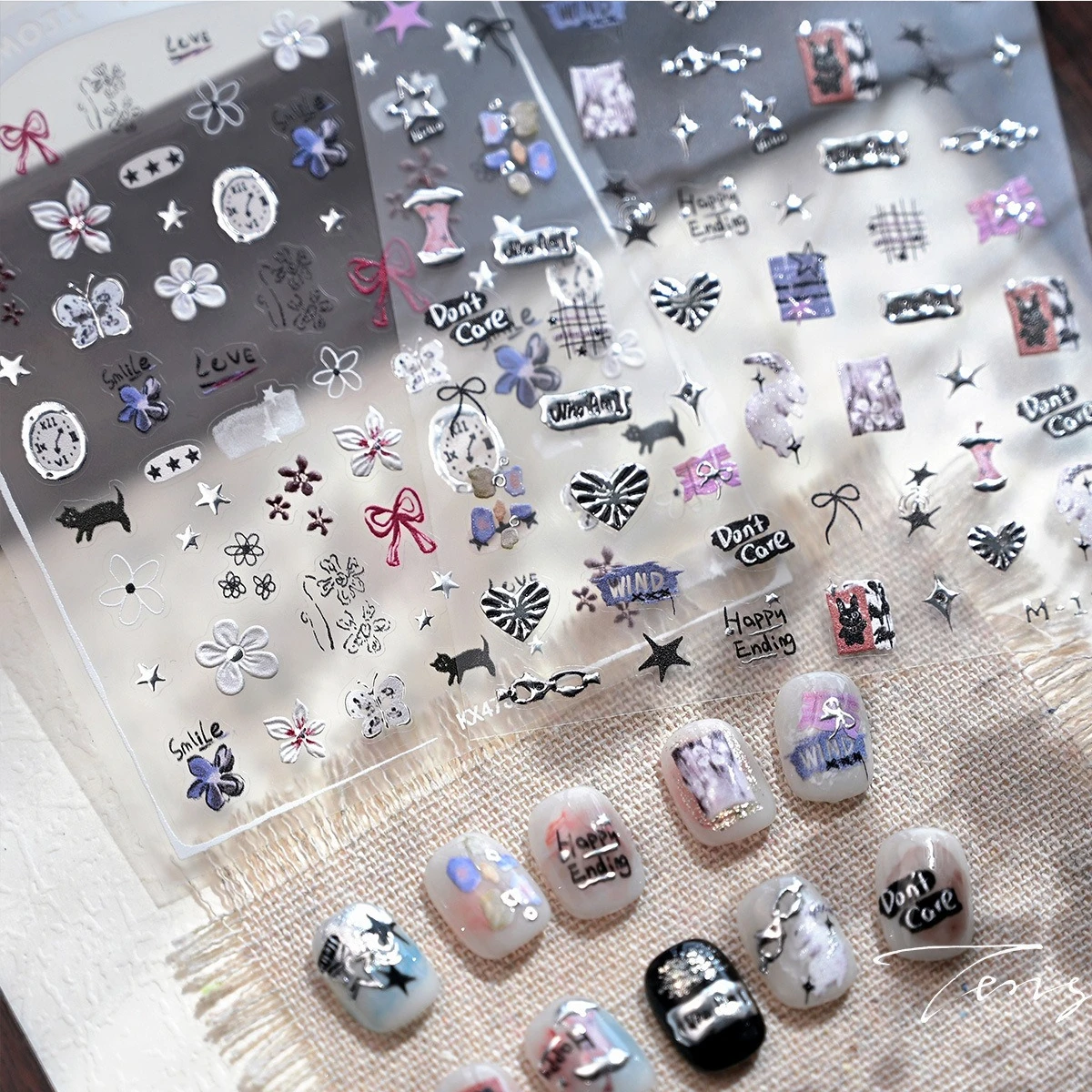 

Cat Flower Rabbit Bowknot Apple Punk Love Heart Star Line Butterfly Clock Graffiti Self Adhesive Nail Art Sticker Manicure Decal