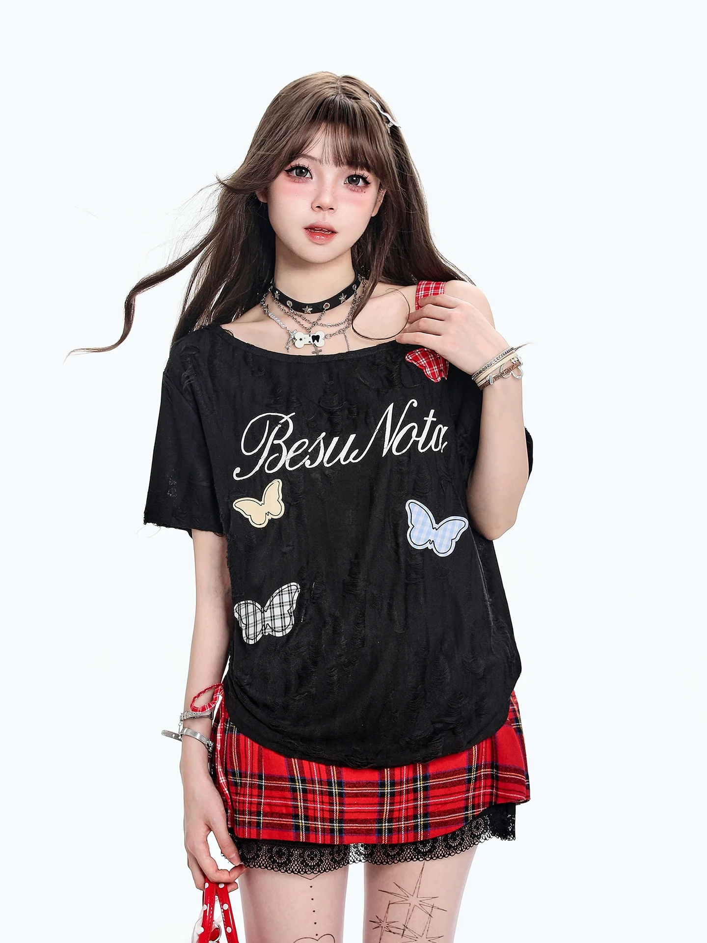 American  Design Shoulder Bared Short Sleeve T Shirt for Girls Summer Hole Binding Sweet And Spicy Girl Casual Obliq...