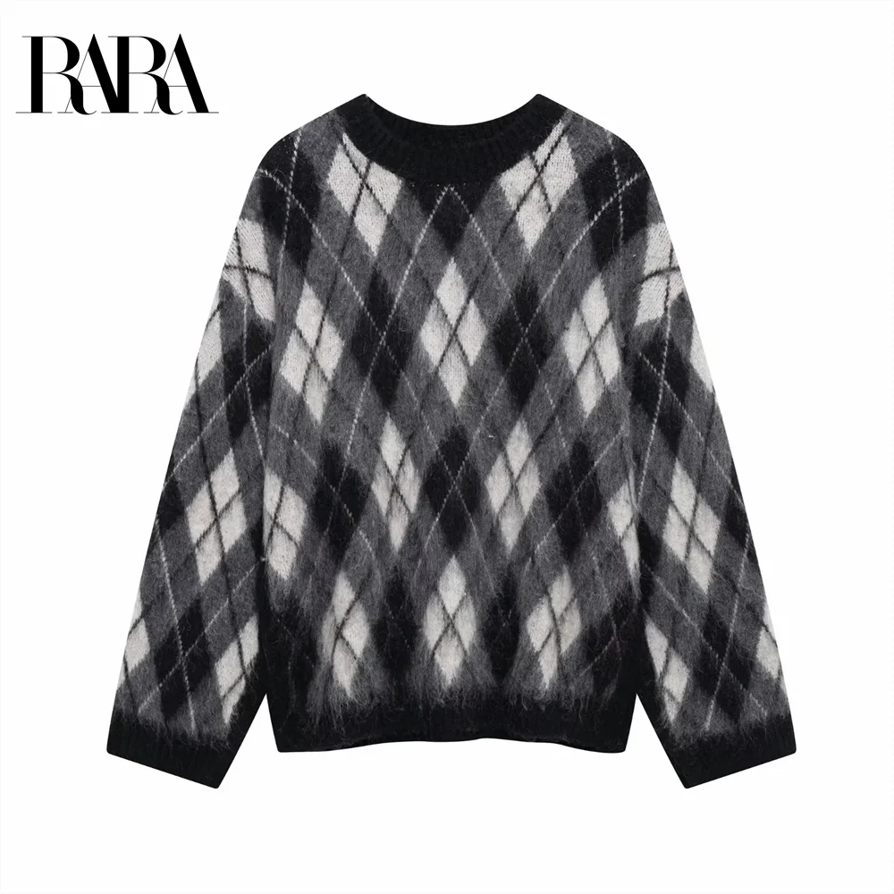 2024 RARA Winter New  Women's  Lazy Style Diamond  Pattern  Loose Casual Soft Sticky Knitted Sweater