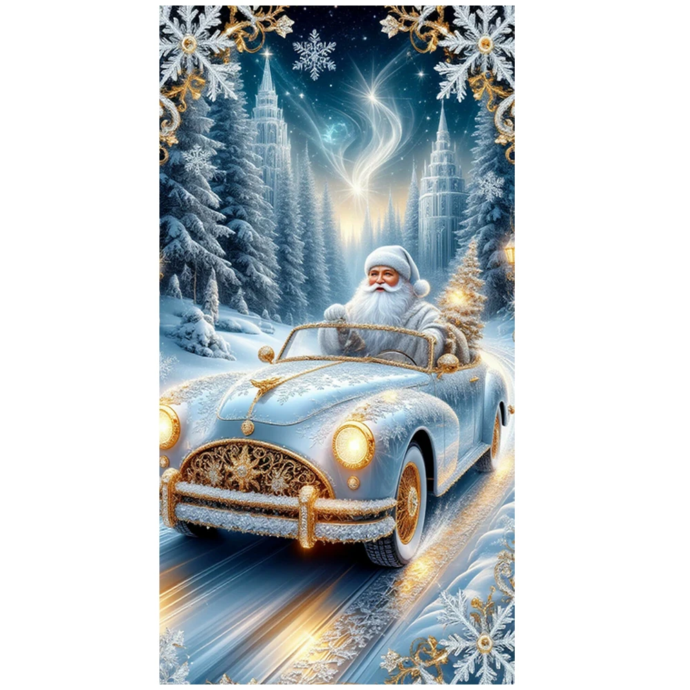 Kits de arte de diamantes de Papá Noel en el coche para adultos, kits de pintura de diamantes 5D para principiantes adultos, kits de arte de gemas de taladro cuadrado completo DIY