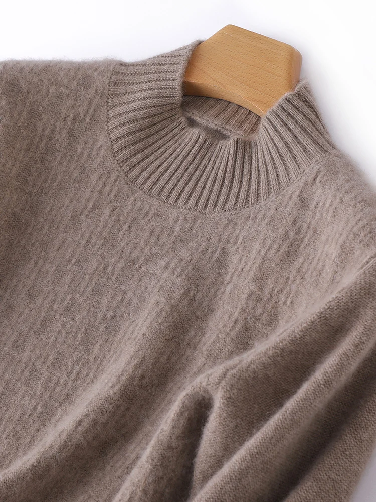 Basics Autumn WinterWomen 100% Merino Wool Sweater Mock Neck Striped Knitted Pullover Casual Classic Thick Cashmere Clothing Top