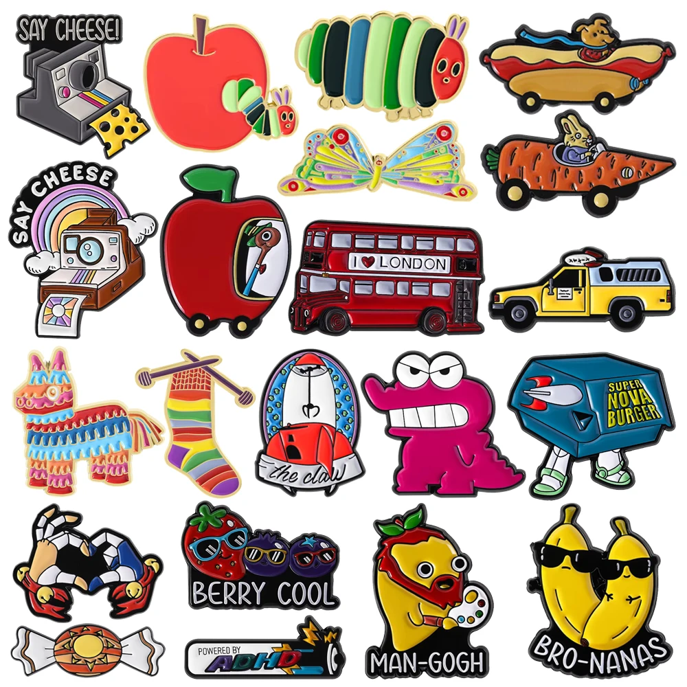 Alfileres esmaltados para cámara Retro de animación de arcoíris, broches de dibujos animados de manzana, oruga, zanahoria, Perro caliente, accesorios, insignias bonitas, joyería
