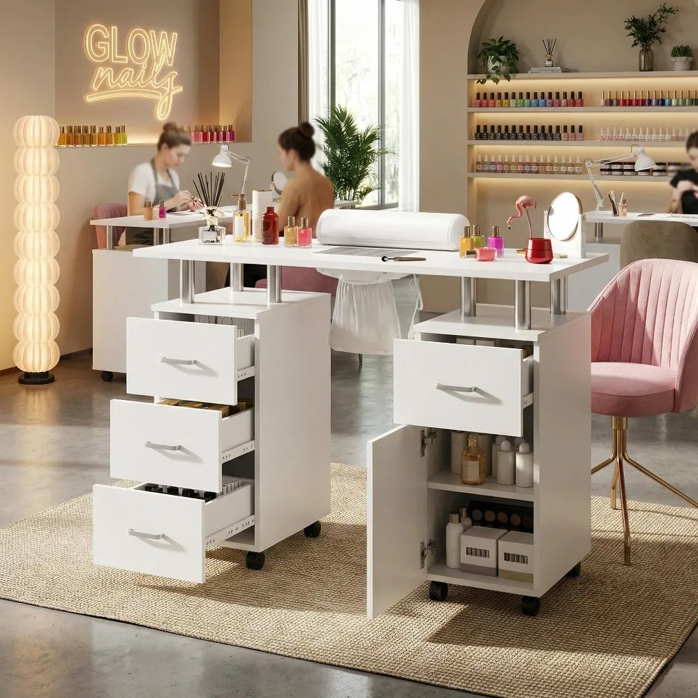 Manicure Table Nail Desk, Nail Station with Electric Dust Collector, Wrist Rest and Storage Drawers Cabinet, Beauty