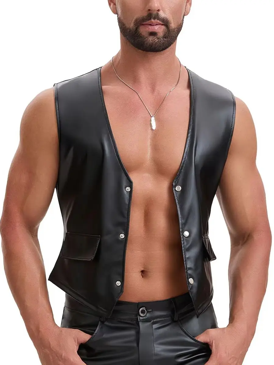 S-7XL V-neck Single Breasted Tank Top Fake Pocket PU Leather Waistcoat Weskit Tights Motorcycle Punk Vest Sleeveless Shirts Tops