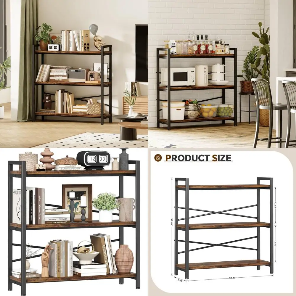 

Vintage Industrial-Style 3-Tier Wooden and Metal Bookshelf, 31.49 Wide, for Home, Office, Living Room, and Bedroom Storage