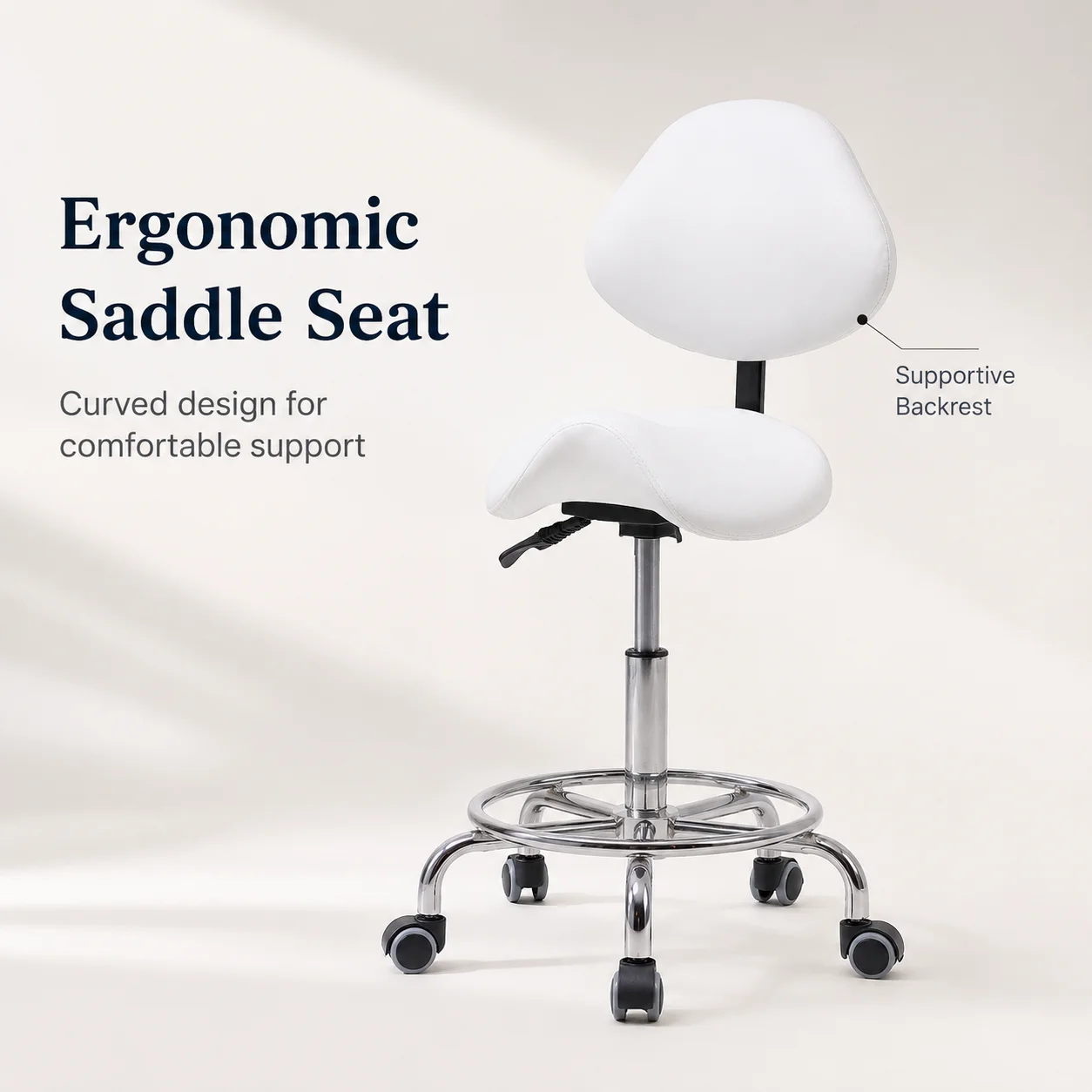 Height Adjustable Saddle Stool Chair with Backrest Hydraulic Rolling Salon Clinic Stool 360 Degree Swivel Wheels Footrest White