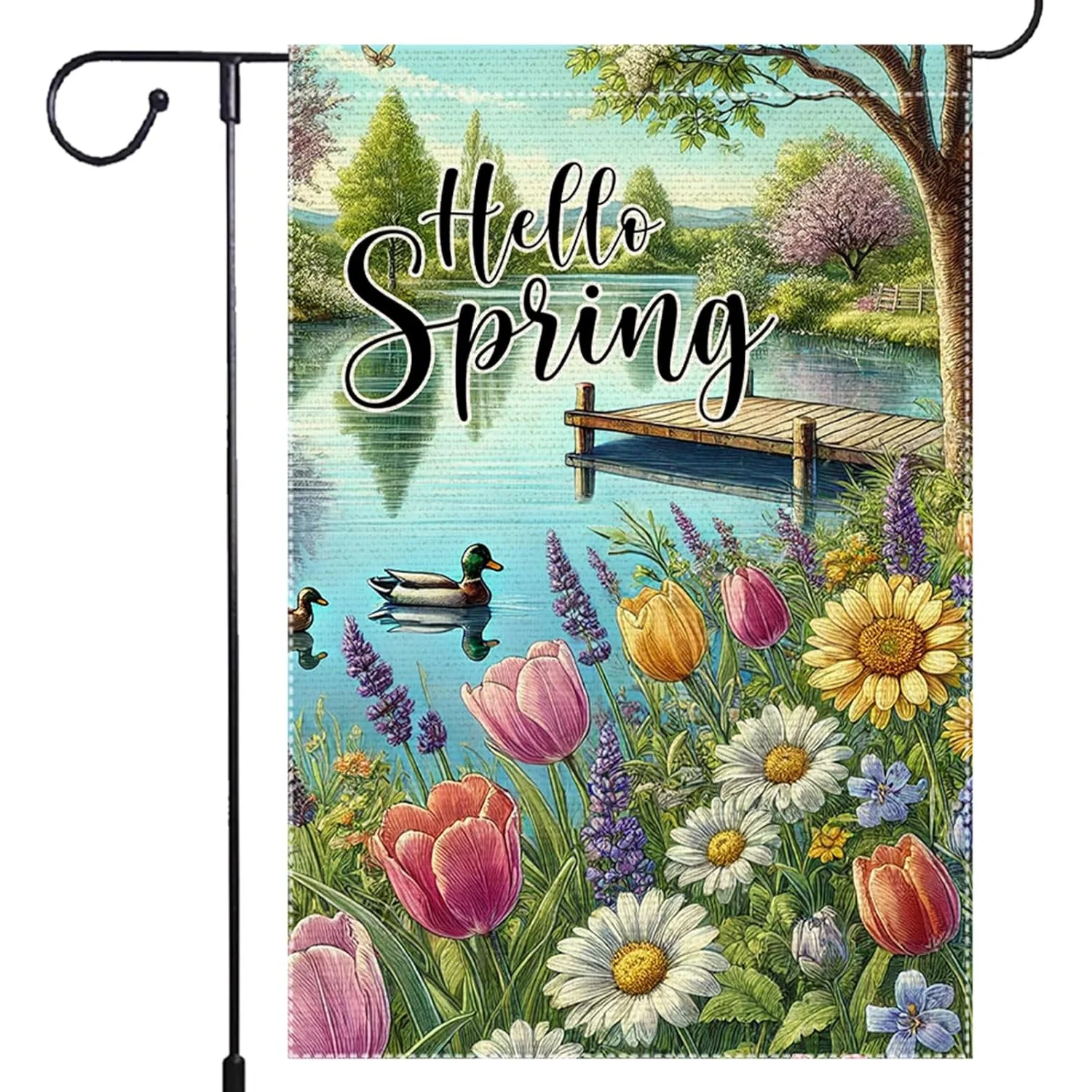 12x18 Inch Double Sided Hello Spring Summer Tulip Garden Flag Duck | Seasonal Wildflowers Outdoor Home Yard Lawn