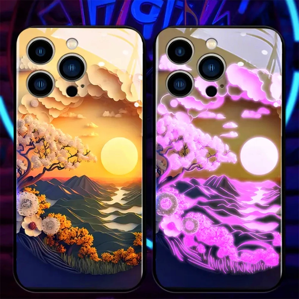 Sunset Ancient Pine Sound Control LED Light Up Cases Luminous Cover For Samsung S24 S23 S22 S21 S20 FE Note 10 20 Plus Ultra A54