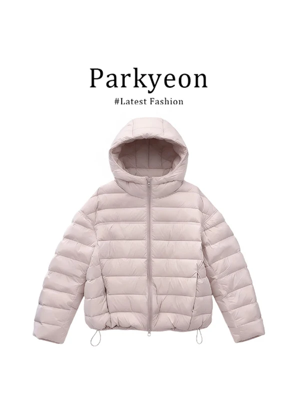 Parkyeon Women's Loose Long Sleeve Cotton Jacket Hooded Striped Design Winter Outerwear Pink Ribbed Bone Patterned Coat