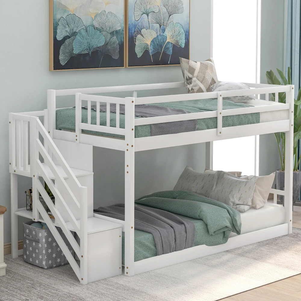 

Twin over Twin Floor Bunk Bed, Ladder with Storage, White