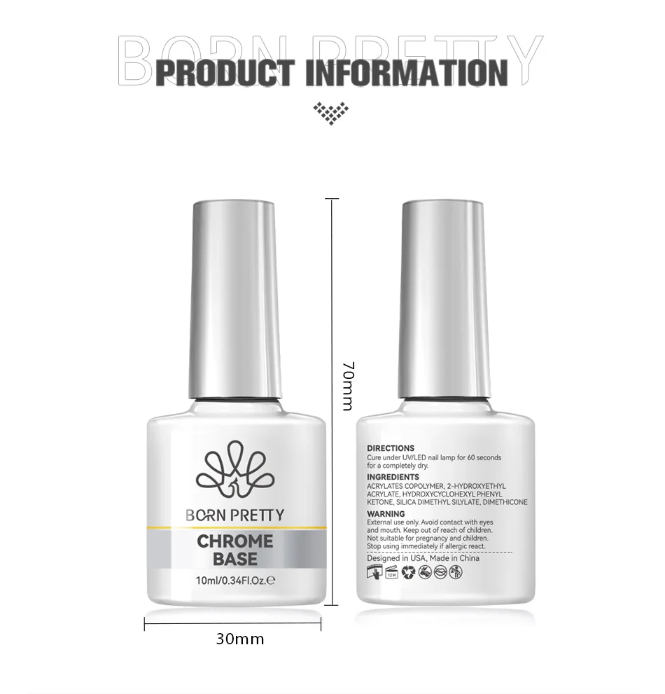 BORN PRETTY 10ml Chrom-Spiegel-Puder Basis-Gel-Lack für Metallische Glitzer-Nägel DIY Französische Nägel Abziehbares Funktionsgel – Detail 2