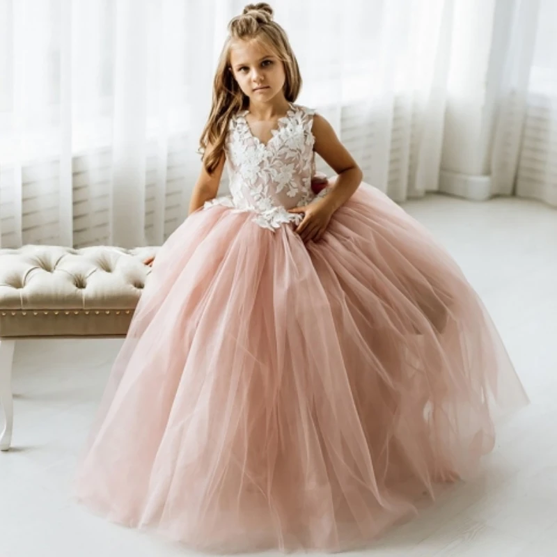 

Flower Girl Dresses Dusty Pink Tulle White Appliques With Bow Sleeveless For Wedding Birthday Party First Communion Gowns