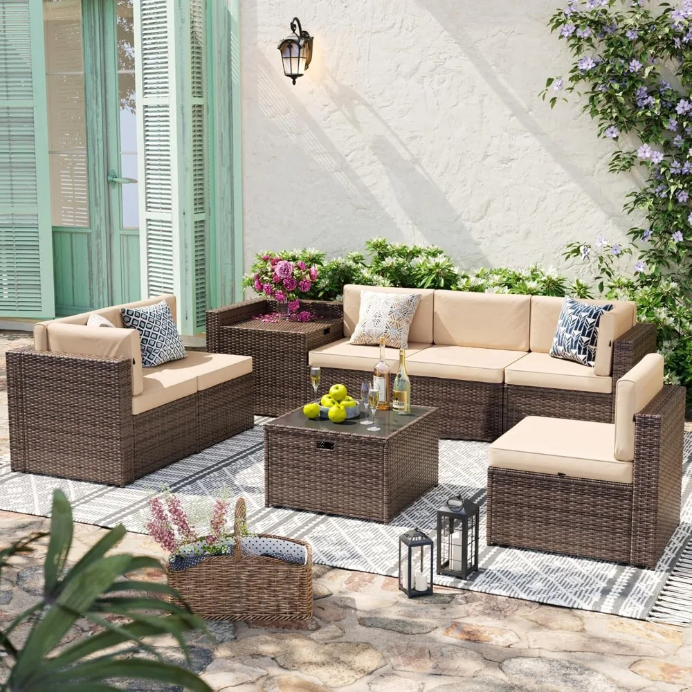 

8 Piece Patio Furniture Set, Wicker Outdoor Furniture Set with Storage Box and Glass Top Table, Patio Sectional Set with Thicke
