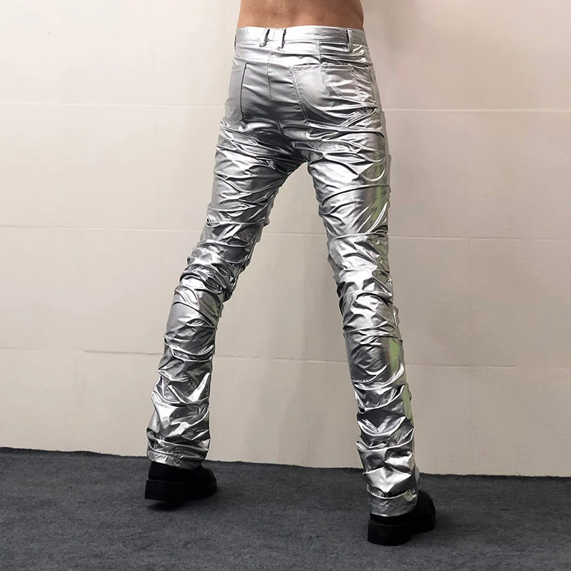 بنطال جلدي نحيف مطوي للرجال بنطال PU عاكس مرن لحفلات الكرنفال والنوادي الليلية زي أداء المغني والراقص