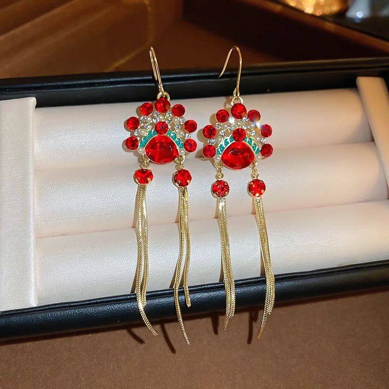 Chinese style diamond-set pearl Peking Opera face mask fringed ear hook retro ethnic style niche temperament  red earrings