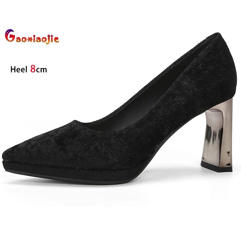 

2025 Черные женские туфли на высоком каблуке 8 см и платформе, замшевые женские туфли-лодочки с острым носком на массивном каблуке, вечерние туфли на шпильке с неглубоким носком